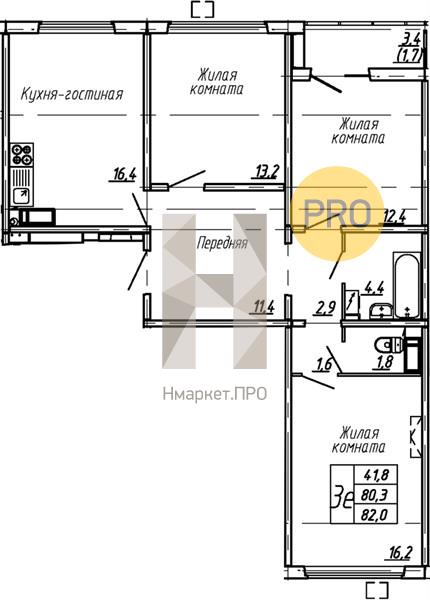 3—комн. квартира, 82 кв.м, 2/15 этаж