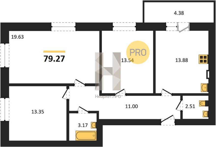 3—комн. квартира, 79.27 кв.м, 3/4 этаж