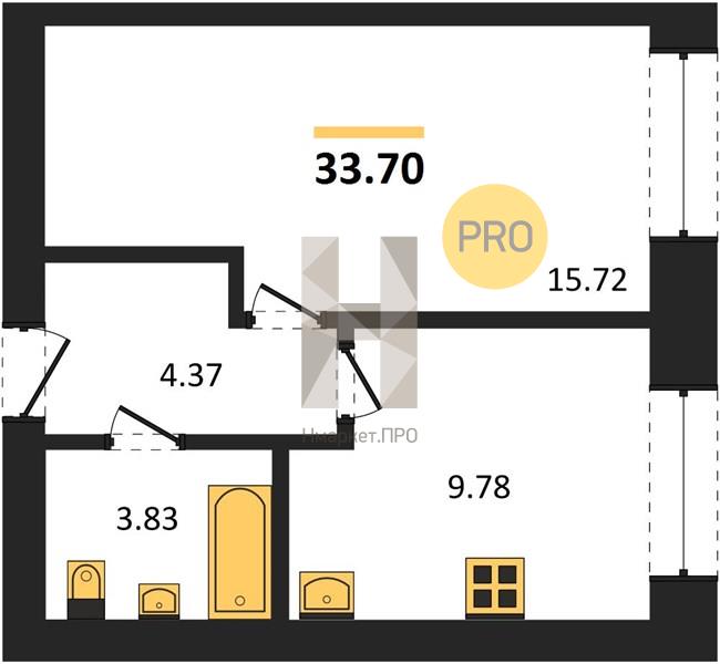 1—комн. квартира, 33.7 кв.м, 8/9 этаж