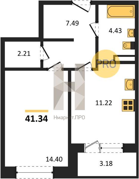 1—комн. квартира, 41.34 кв.м, 8/24 этаж