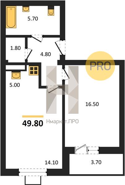 1—комн. квартира, 49.8 кв.м, 6/19 этаж
