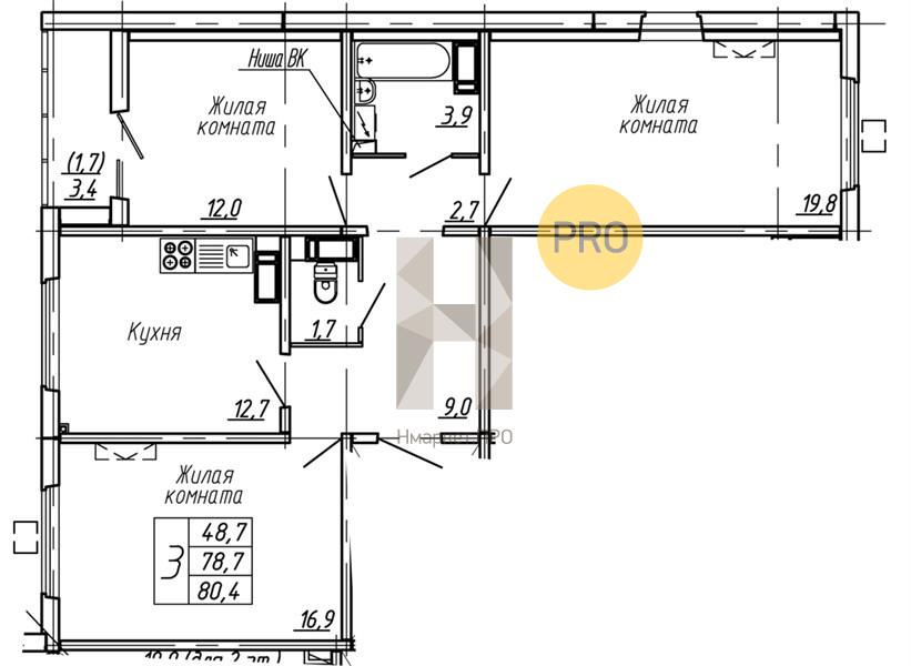 3—комн. квартира, 80.4 кв.м, 6/15 этаж