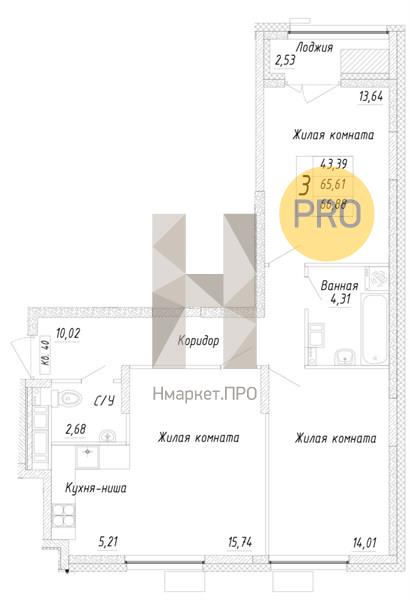 2—комн. квартира, 66.88 кв.м, 5/17 этаж