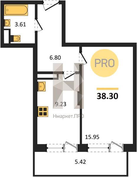1—комн. квартира, 38.3 кв.м, 18/19 этаж