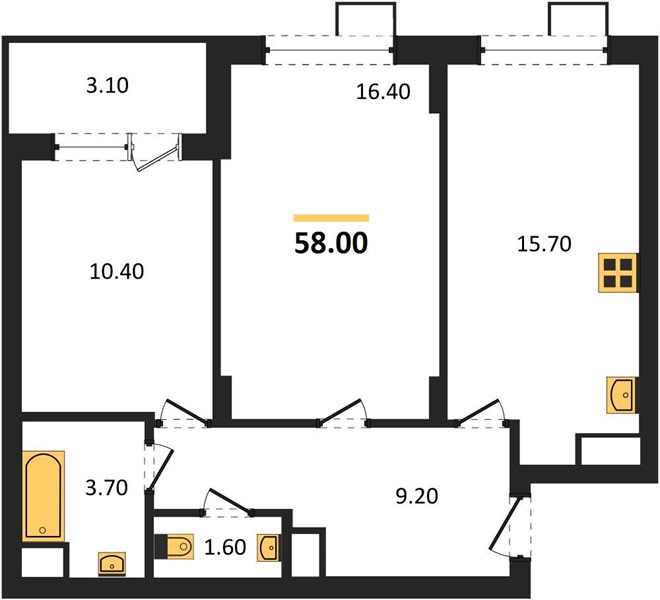 2—комн. квартира, 58 кв.м, 8/11 этаж