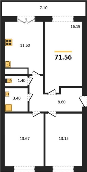 3—комн. квартира, 71.56 кв.м, 6/15 этаж