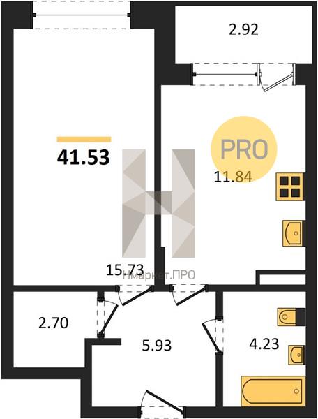 1—комн. квартира, 41.53 кв.м, 6/24 этаж