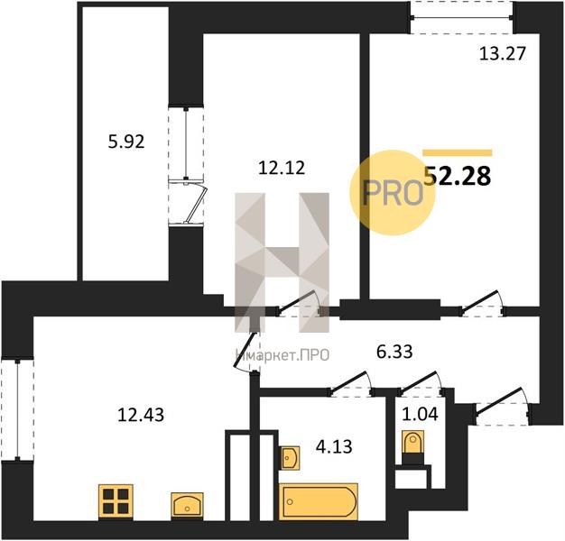 2—комн. квартира, 52.28 кв.м, 19/28 этаж
