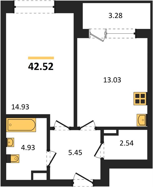 1—комн. квартира, 42.52 кв.м, 3/16 этаж
