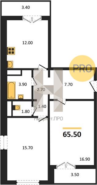 2—комн. квартира, 65.5 кв.м, 1/17 этаж