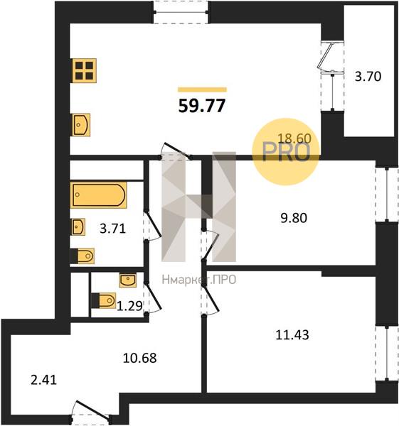 2—комн. квартира, 59.77 кв.м, 7/25 этаж