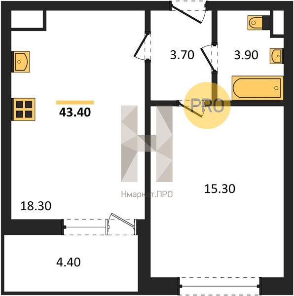 1—комн. квартира, 43.4 кв.м, 2/18 этаж
