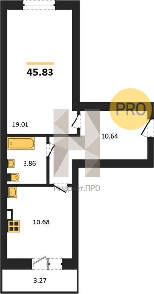 1—комн. квартира, 45.83 кв.м, 4/4 этаж