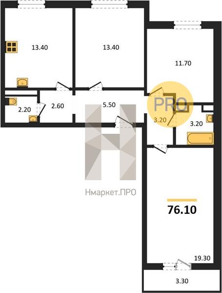 3—комн. квартира, 76.1 кв.м, 9/10 этаж
