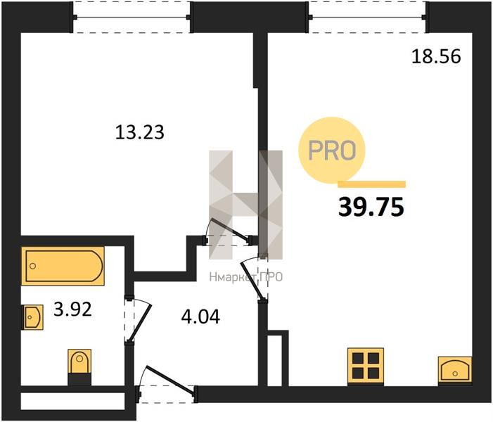 1—комн. квартира, 39.75 кв.м, 2/8 этаж