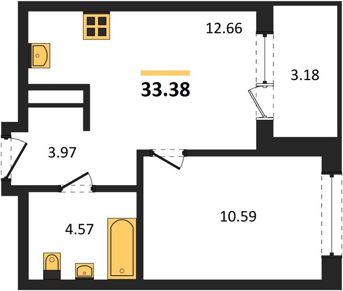ЖК «Левобережный» · 1-комнатная квартира · 33.38 м² · 26 этаж