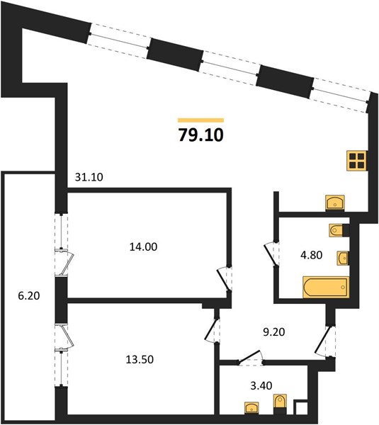 ЖК «Симфония Нижнего» · 2-комнатная квартира · 79.1 м² · 3 этаж