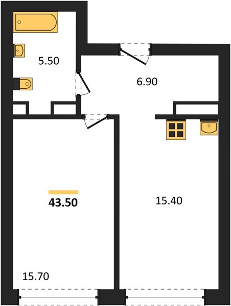 ЖК «Квартет» · 1-комнатная квартира · 43.5 м² · 9 этаж