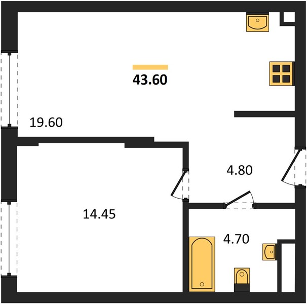 ЖК «Левел Волга» · 1-комнатная квартира · 43.6 м² · 7 этаж