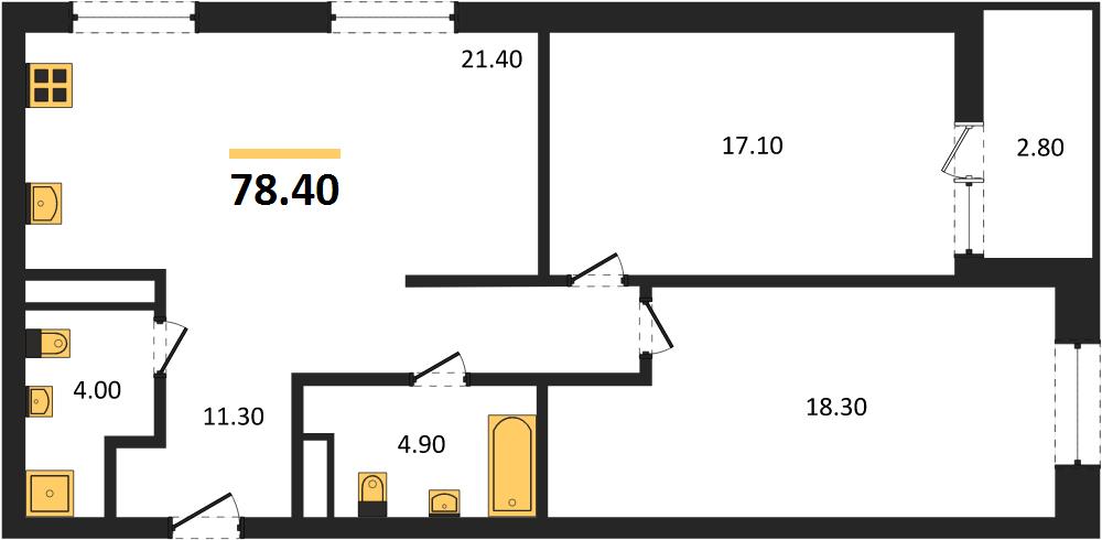 ЖК «Симфония Нижнего» · 2-комнатная квартира · 78.4 м² · 6 этаж