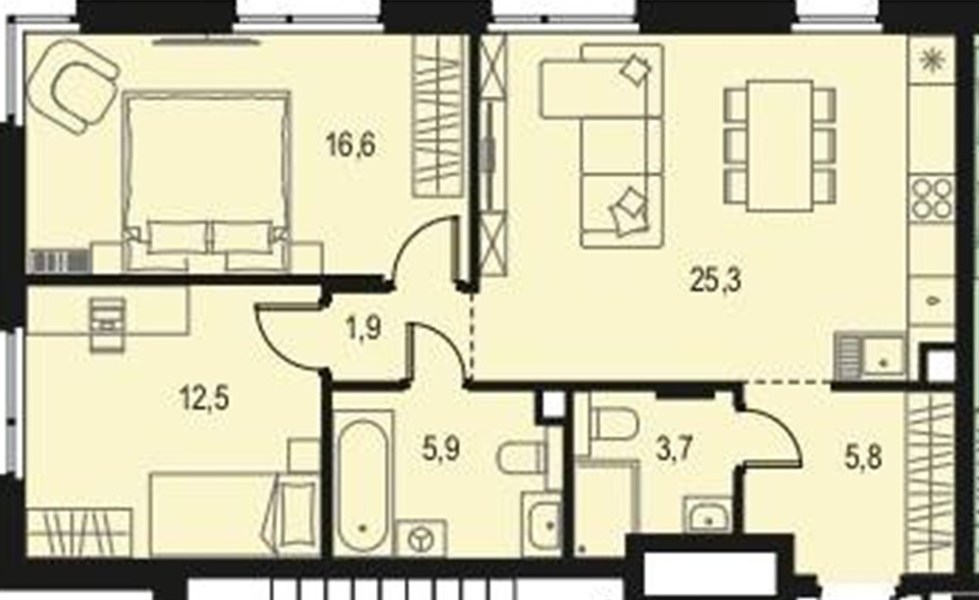 ЖК «Левел Волга» · 2-комнатная квартира · 71.7 м² · 2 этаж