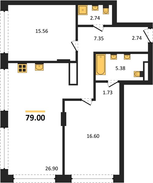ЖК «ВЕРЕН ПЛЭЙС ОДЕССКАЯ» · 2-комнатная квартира · 79 м² · 14 этаж