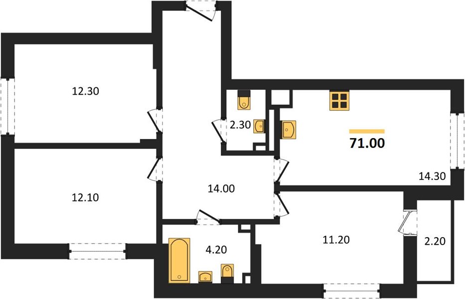 ЖК «Смородина» · 3-комнатная квартира · 71 м² · 2 этаж