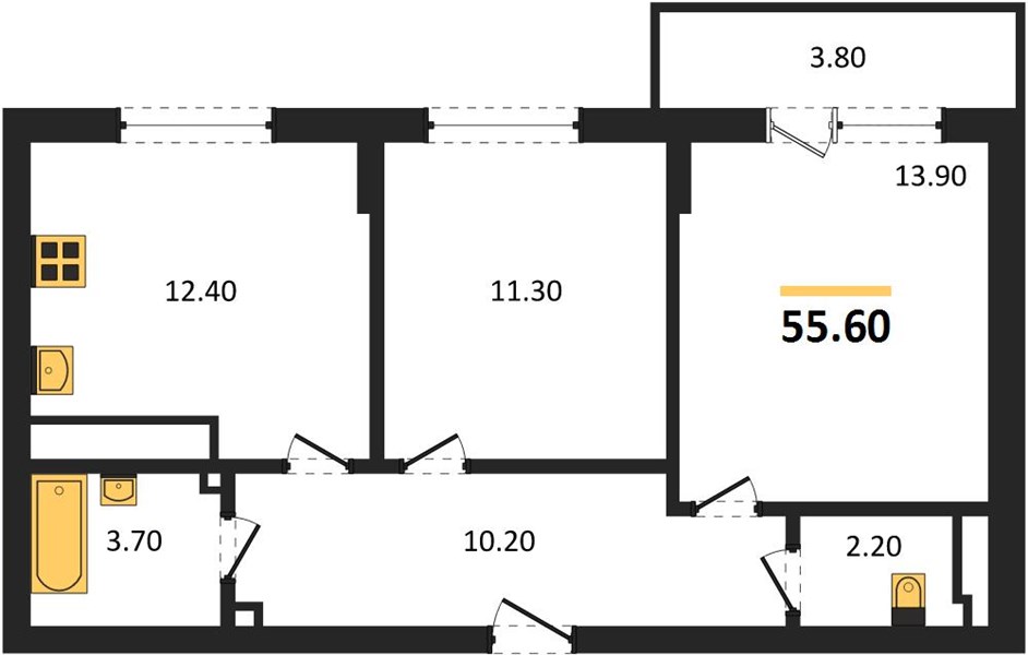 ЖК «Кузнечиха Город» · 2-комнатная квартира · 55.6 м² · 19 этаж