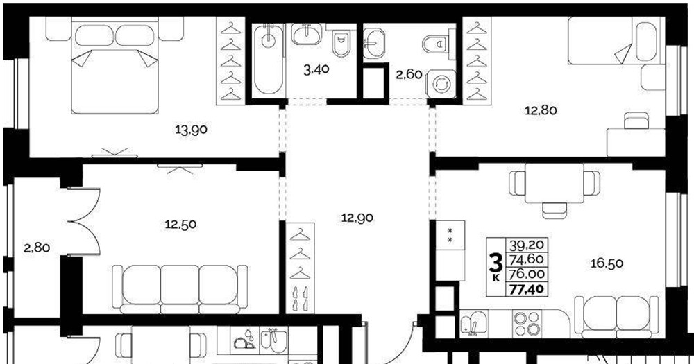 ЖК «Искра» · 3-комнатная квартира · 76 м² · 3 этаж