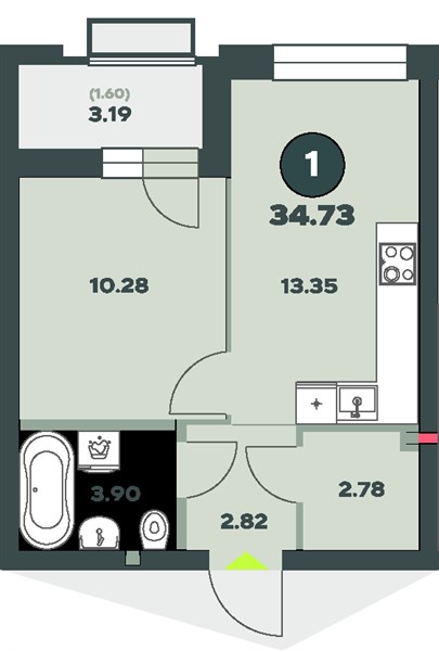 ЖК «Авторика» · 1-комнатная квартира · 34.73 м² · 12 этаж