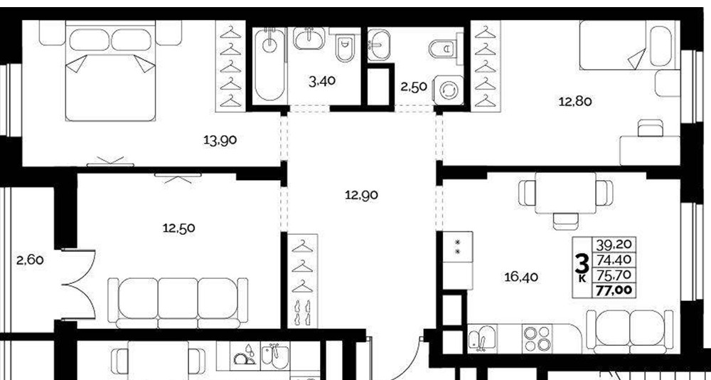 ЖК «Искра» · 3-комнатная квартира · 75.7 м² · 9 этаж