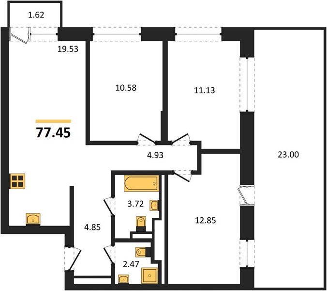 ЖК «Статус на Гребном канале» · 3-комнатная квартира · 77.45 м² · 10 этаж