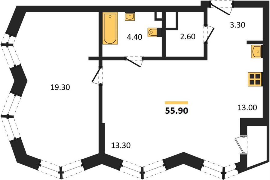 ЖК «Фордевинд» · 2-комнатная квартира · 55.9 м² · 9 этаж