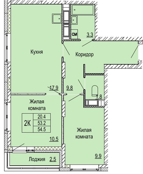 ЖК «Кузнечиха Город» · 2-комнатная квартира · 54.5 м² · 14 этаж