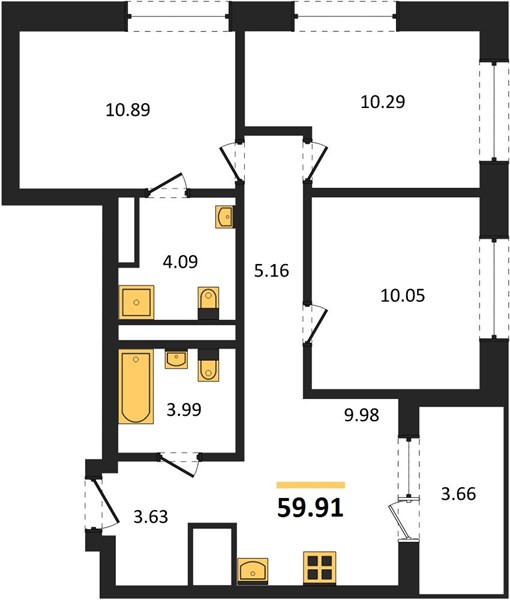 ЖК «Левобережный» · 3-комнатная квартира · 59.91 м² · 24 этаж