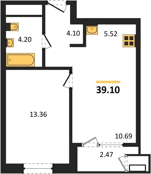 ЖК «Черниговская» · 1-комнатная квартира · 39.1 м² · 27 этаж