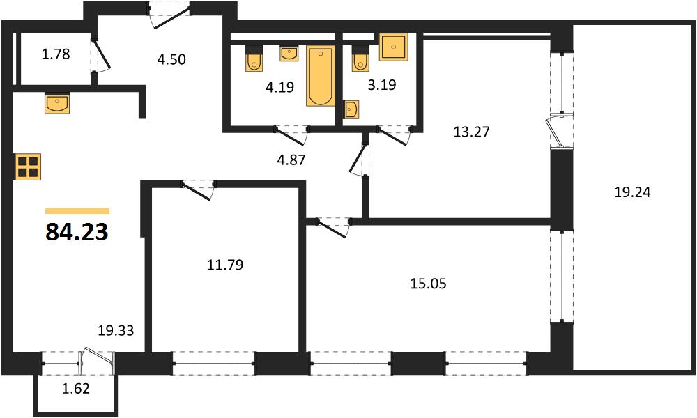 ЖК «Статус на Гребном канале» · 3-комнатная квартира · 84.23 м² · 5 этаж