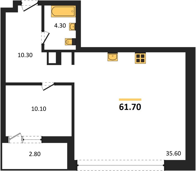 ЖК «Симфония Нижнего» · 1-комнатная квартира · 61.7 м² · 5 этаж