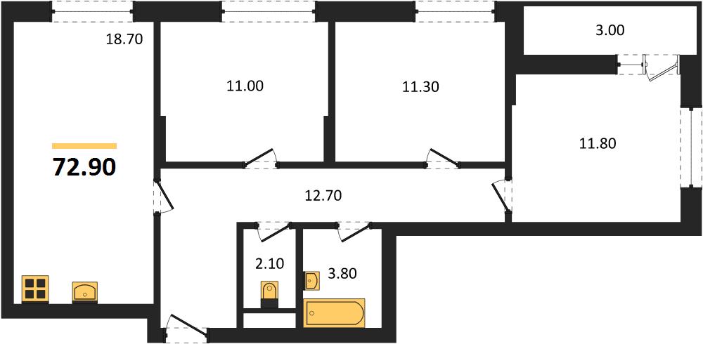 ЖК «Кузнечиха Город» · 3-комнатная квартира · 72.9 м² · 13 этаж