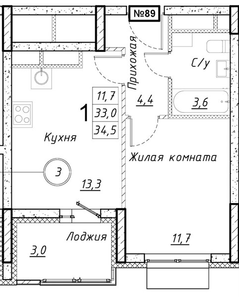 ЖК «Имбирь» · 1-комнатная квартира · 34.5 м² · 10 этаж