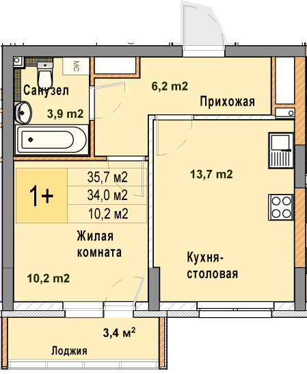 ЖК «Кузнечиха Город» · 1-комнатная квартира · 35.7 м² · 21 этаж