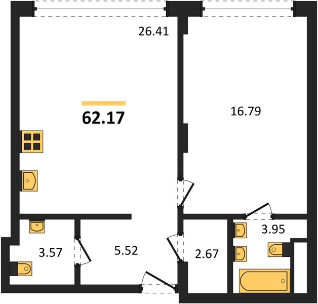 ЖК «ВЕРЕН ПЛЭЙС ОДЕССКАЯ» · 1-комнатная квартира · 62.17 м² · 3 этаж