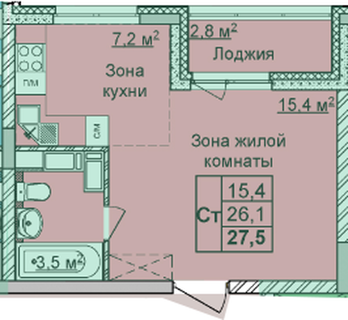 ЖК «Мои цветы» · Студия · 27.5 м² · 17 этаж