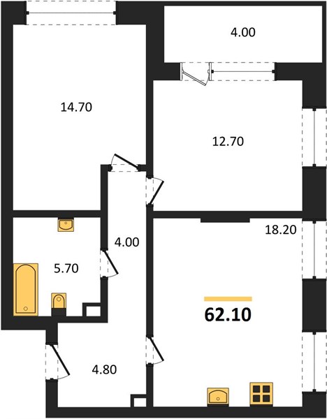ЖК «Фордевинд» · 2-комнатная квартира · 62.1 м² · 13 этаж
