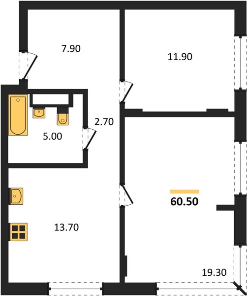 ЖК «Левел Волга» · 2-комнатная квартира · 60.5 м² · 7 этаж