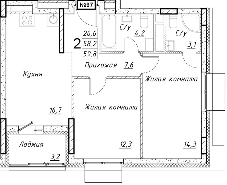 ЖК «Имбирь» · 2-комнатная квартира · 59.8 м² · 17 этаж
