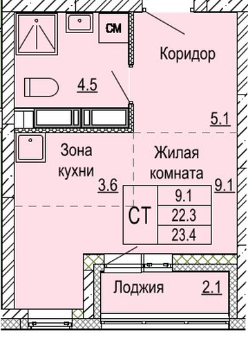 ЖК «Кузнечиха Город» · Студия · 23.4 м² · 25 этаж
