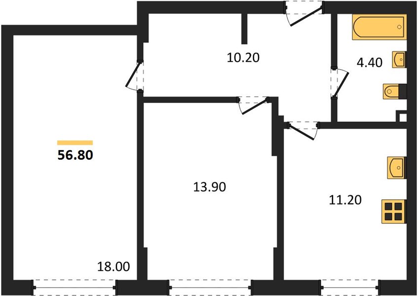 ЖК «Кипарис» · 2-комнатная квартира · 56.8 м² · 3 этаж