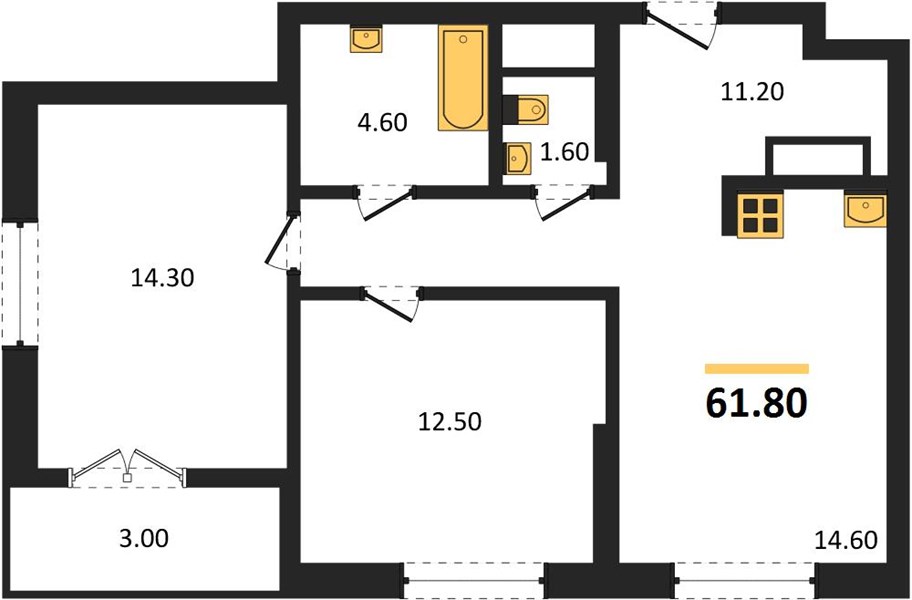 ЖК «Гранд Квартал Бетанкур» · 2-комнатная квартира · 61.8 м² · 11 этаж