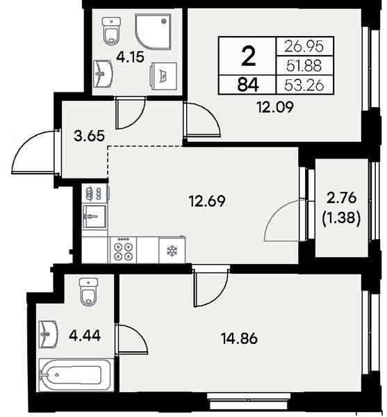 ЖК «Левобережный» · 2-комнатная квартира · 53.26 м² · 7 этаж